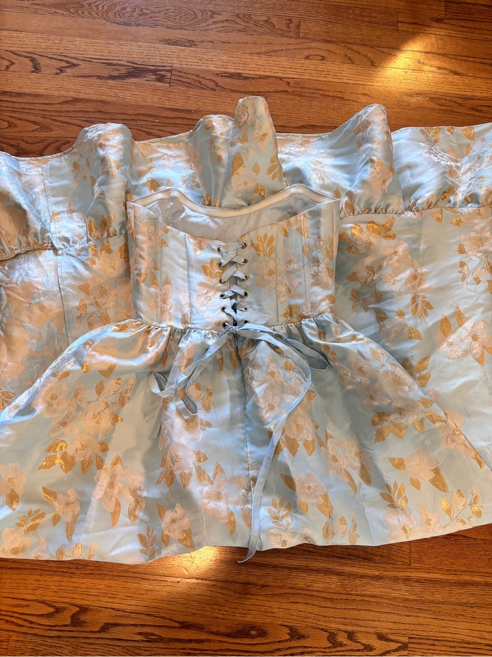 Strapless Light Blue & Gold Floral Sweetheart Maxi Dress - Picture 6 of 16